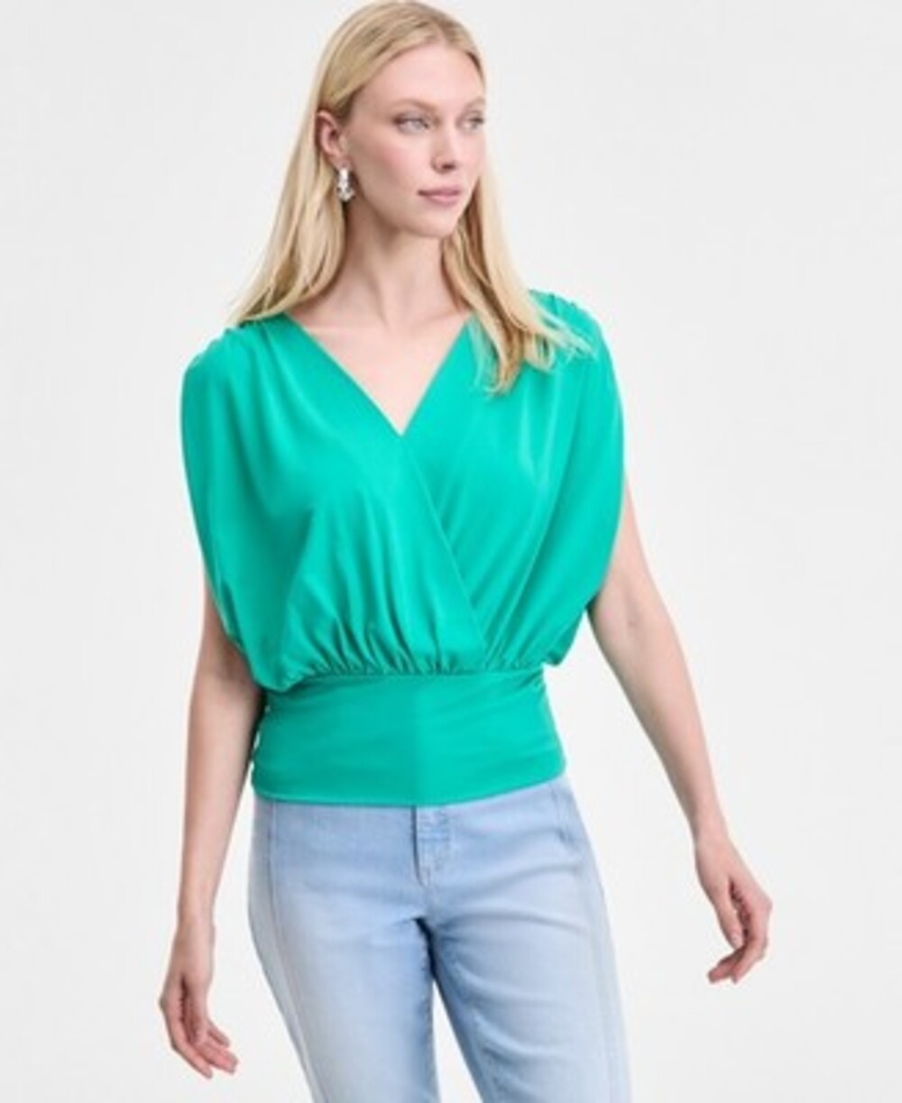 INC International Concepts Surplice V-Neck Top Women's L Surf Green Cap Sleeve
